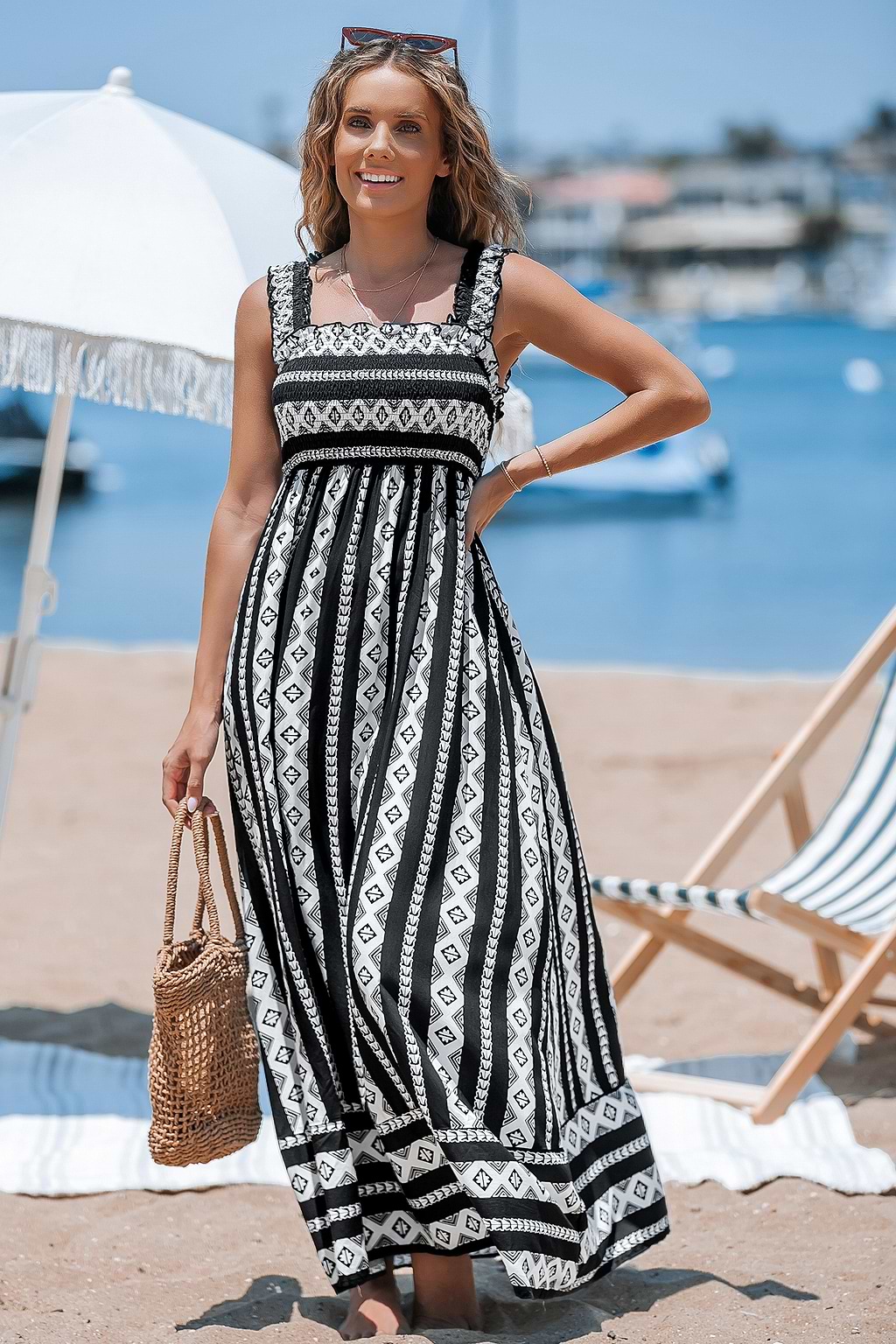 Geo Print Smocked Maxi Dress