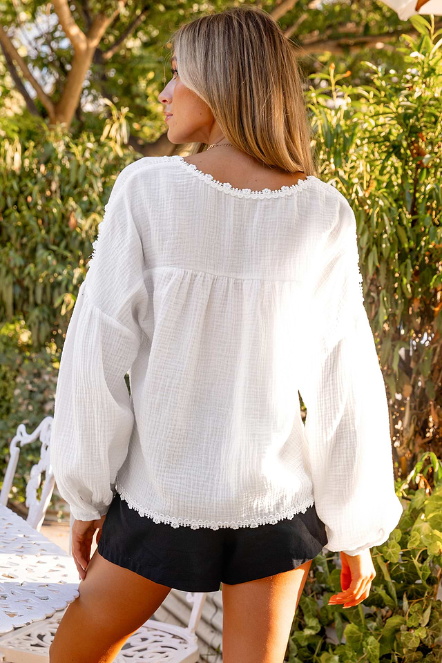 Chemisier Femme En Dentelle Blanc Cassé - Manches Bouffantes - Taille M - Style Floral Printemps/été