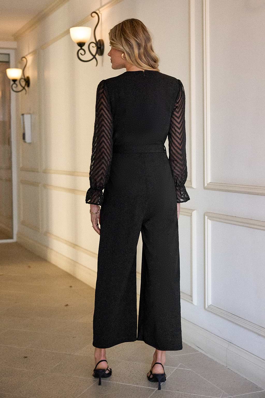 Black Sheer Sleeve Straight Leg Jumpsuit