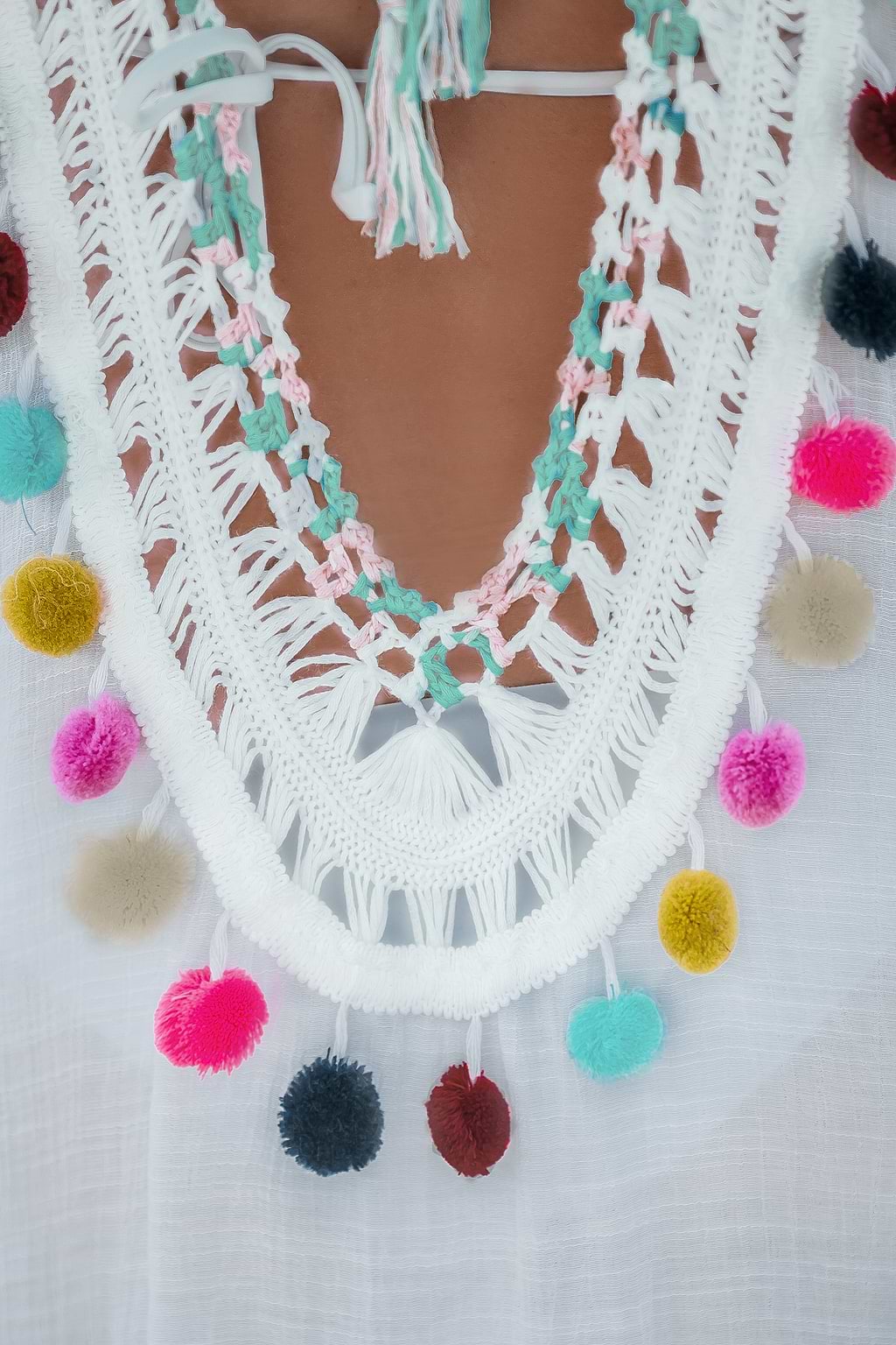 White Sleeveless Pom-Pom & Fringe Mini Cover-Up