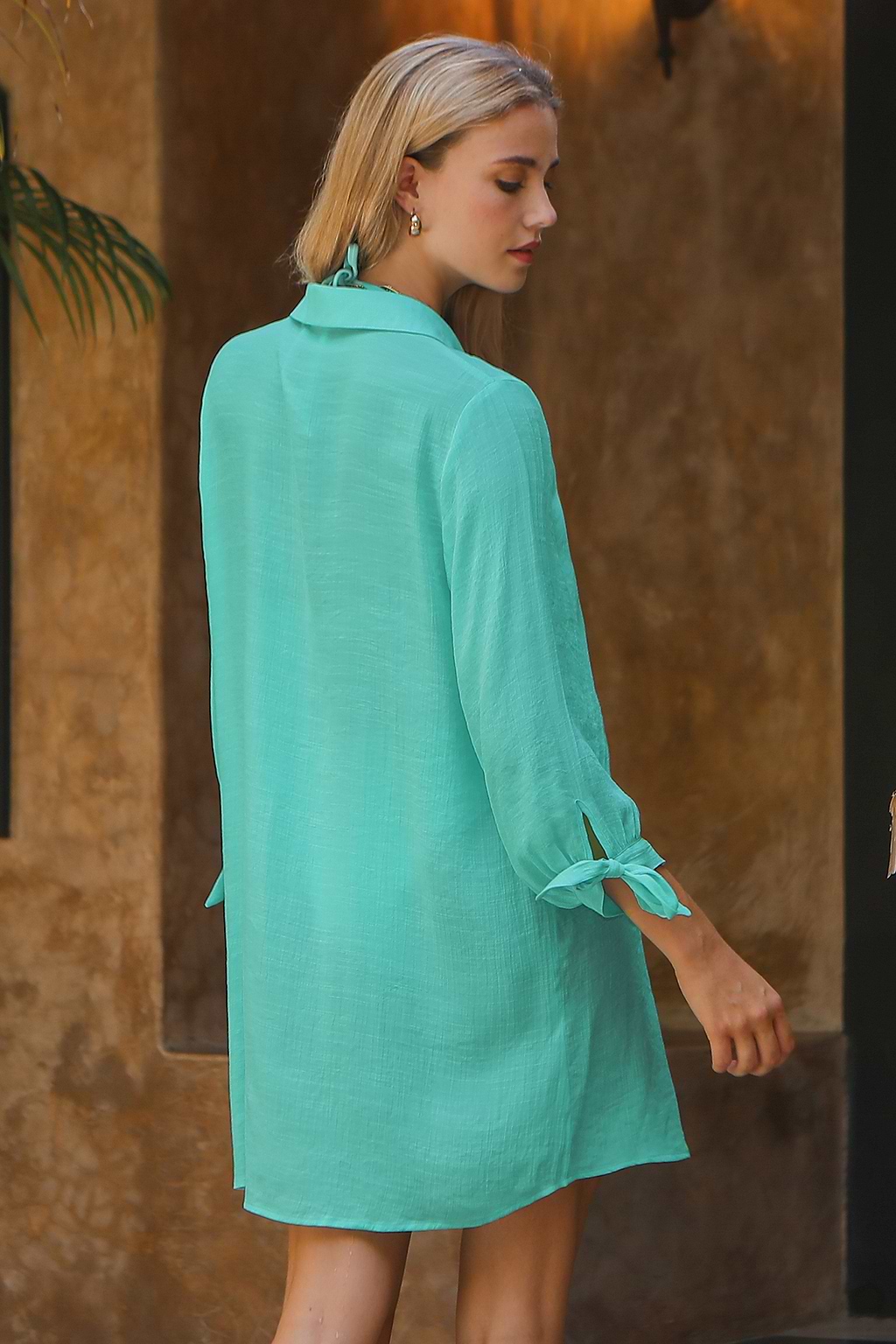 Knotted Puff Sleeve Cover-Up Shirt Dress