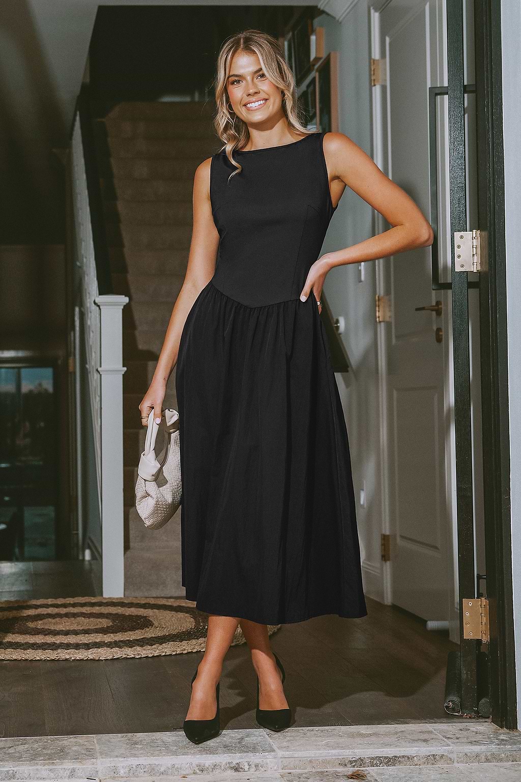 Black Boatneck Sleeveless Drop Waist Midi Dress