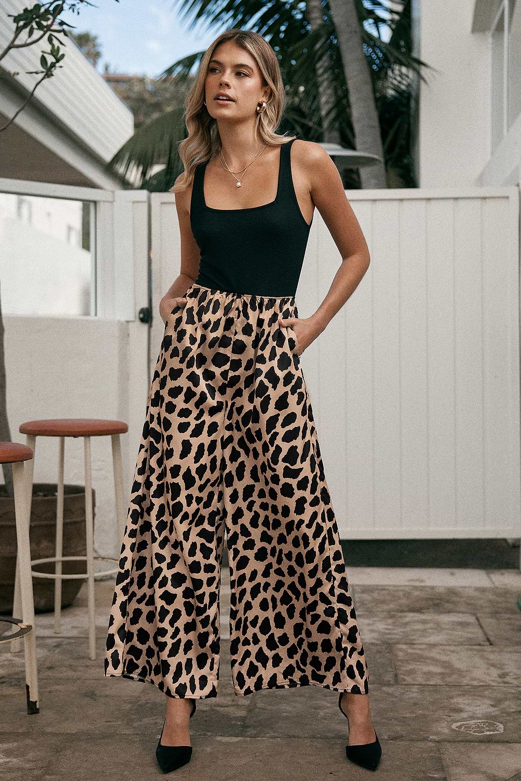 Black Square Neck Tank & Leopard Wide Leg Jumpsuit