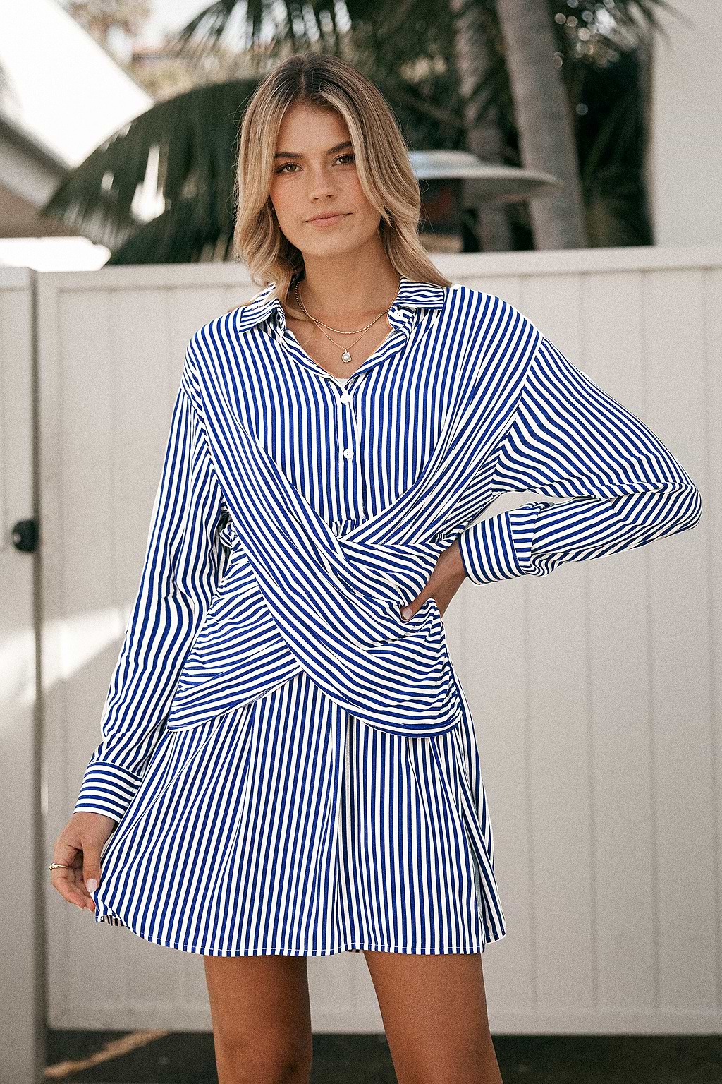 Blue & White Stripe Collared Front Button Wrap Mini Dress