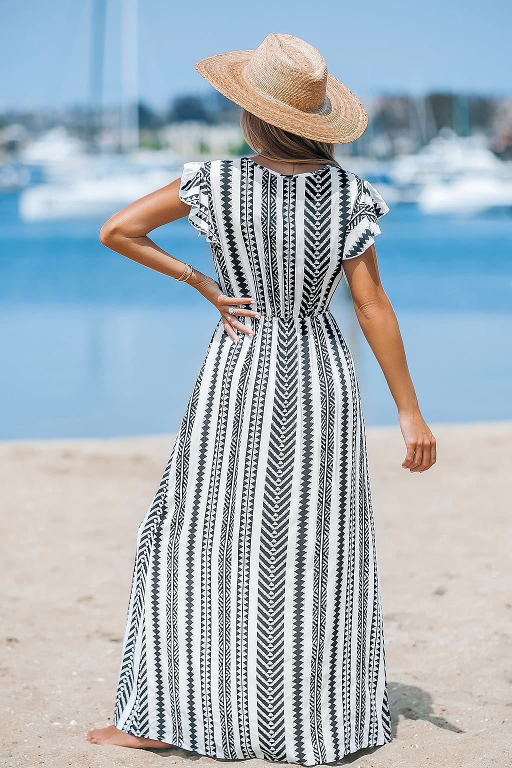 Black & White Geo Striped Ruffled Sleeve Maxi Dress