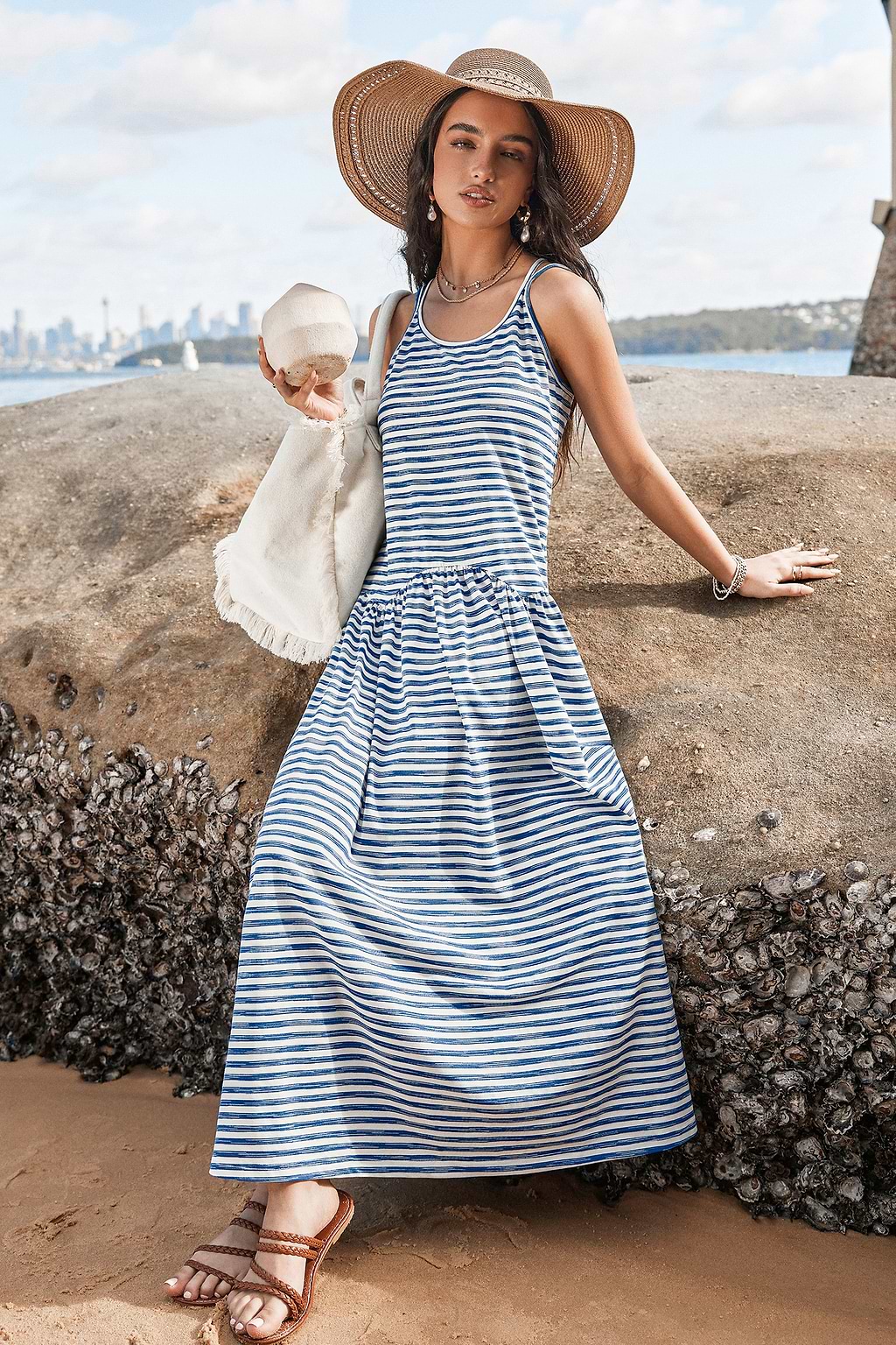 Blue Stripe Scoop Neck Drop Waist Maxi Dress
