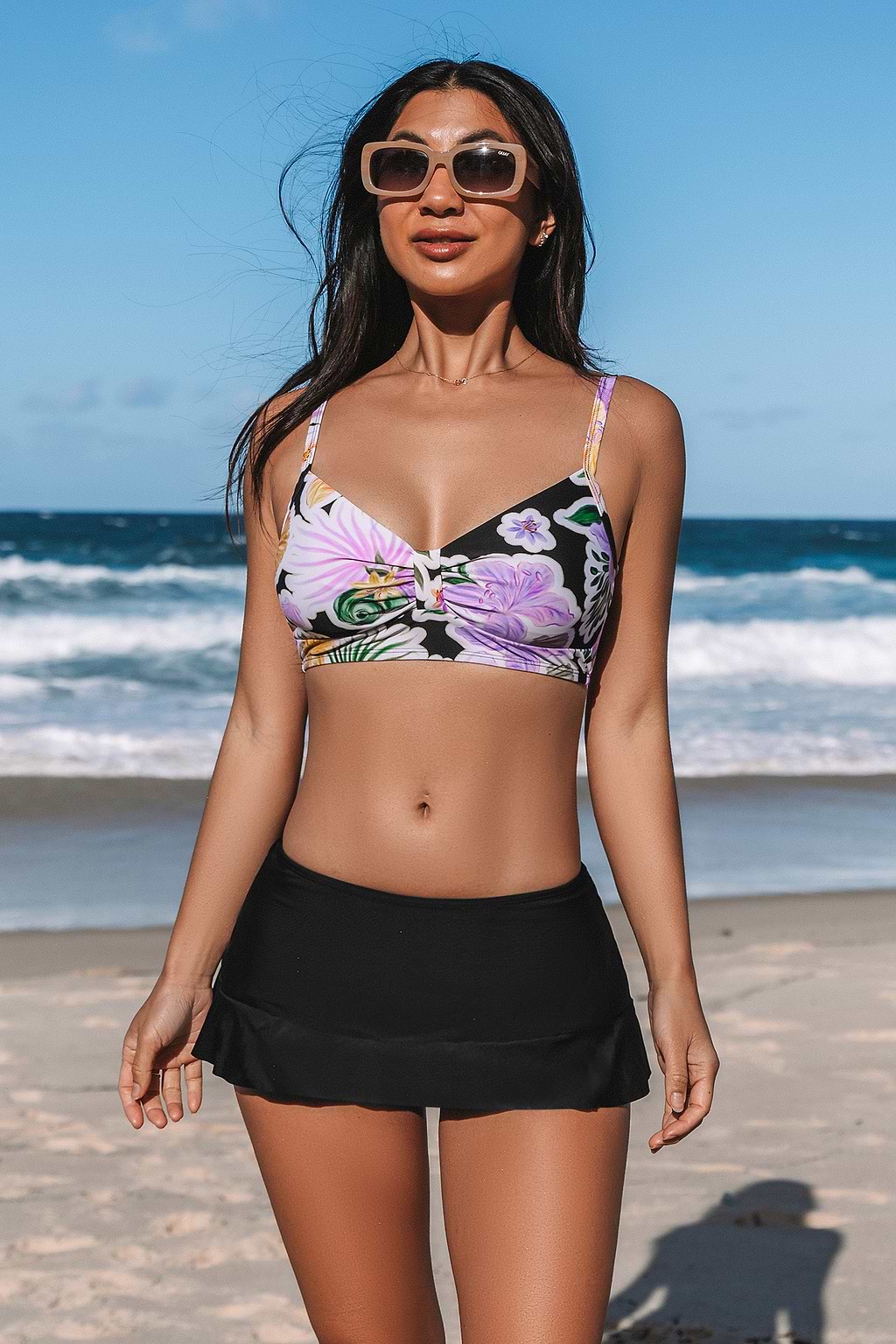 Tropical Bikini Bralette & Black Mid-Rise Swim Skirt Set