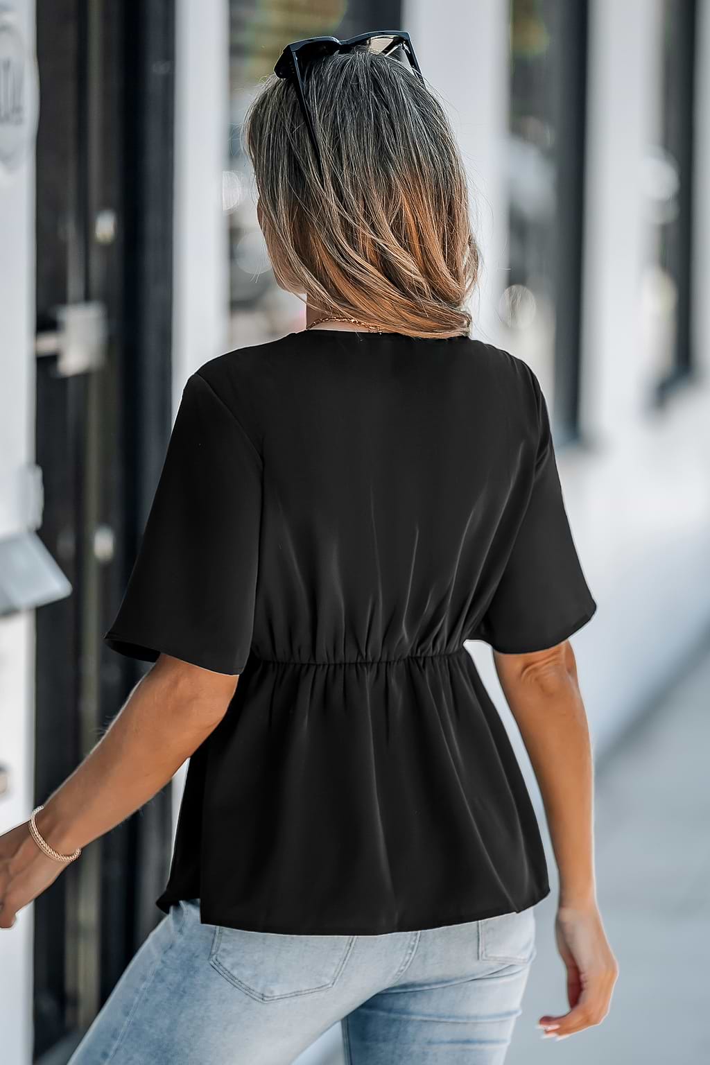 Black Surplice Flared Sleeve Ruffle Blouse