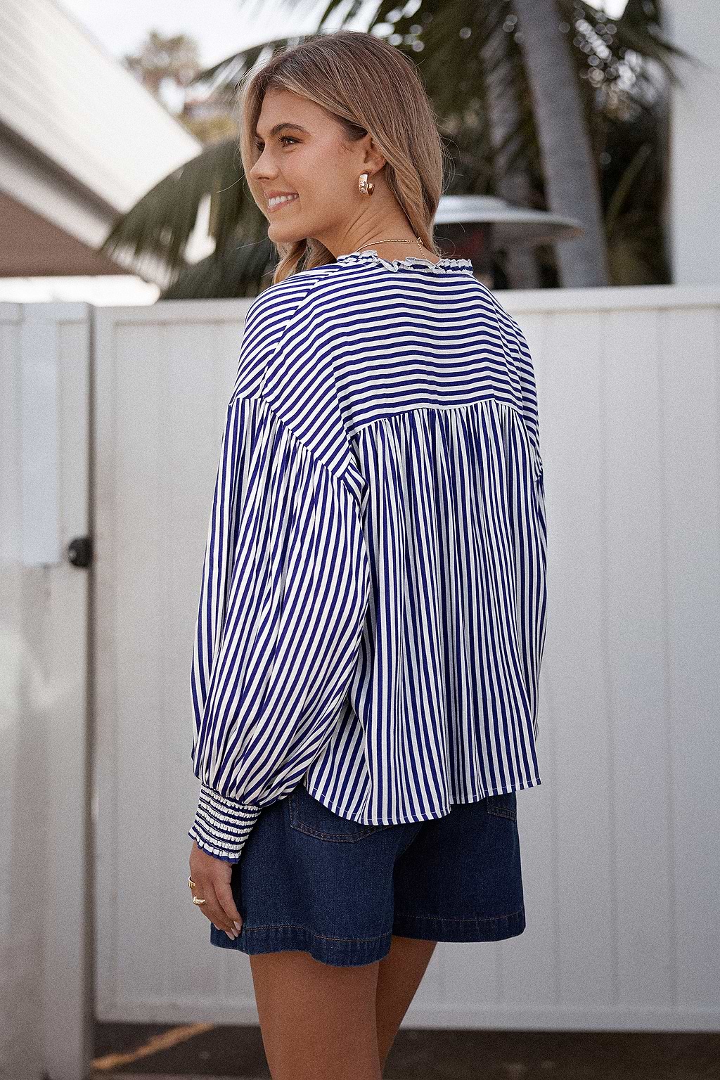 Striped Balloon Sleeve Top