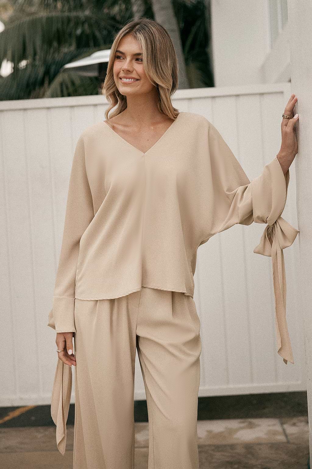 Khaki Long Sleeve Tie Cuff Top
