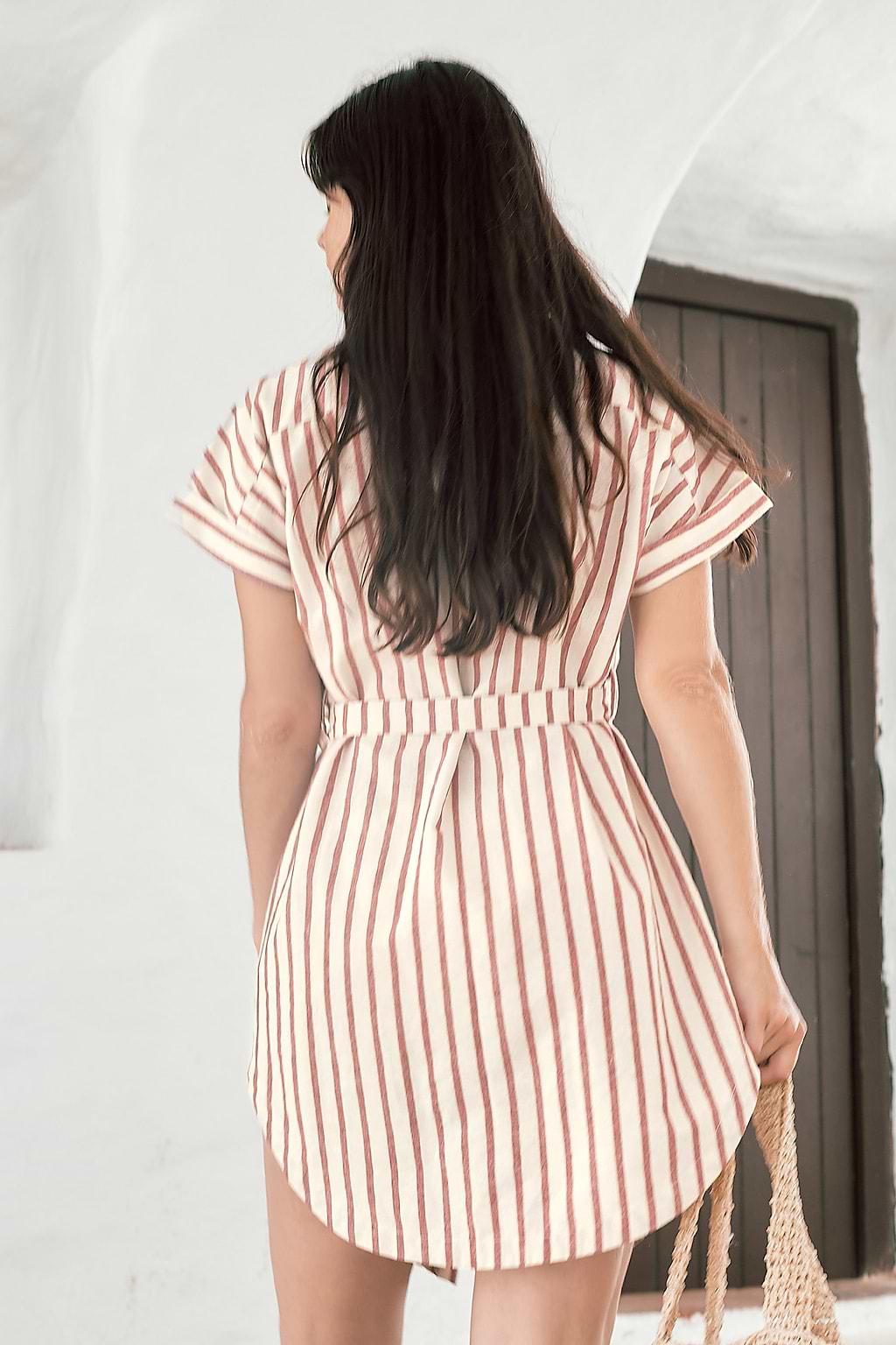 Belted Striped Short Sleeve Mini Dress