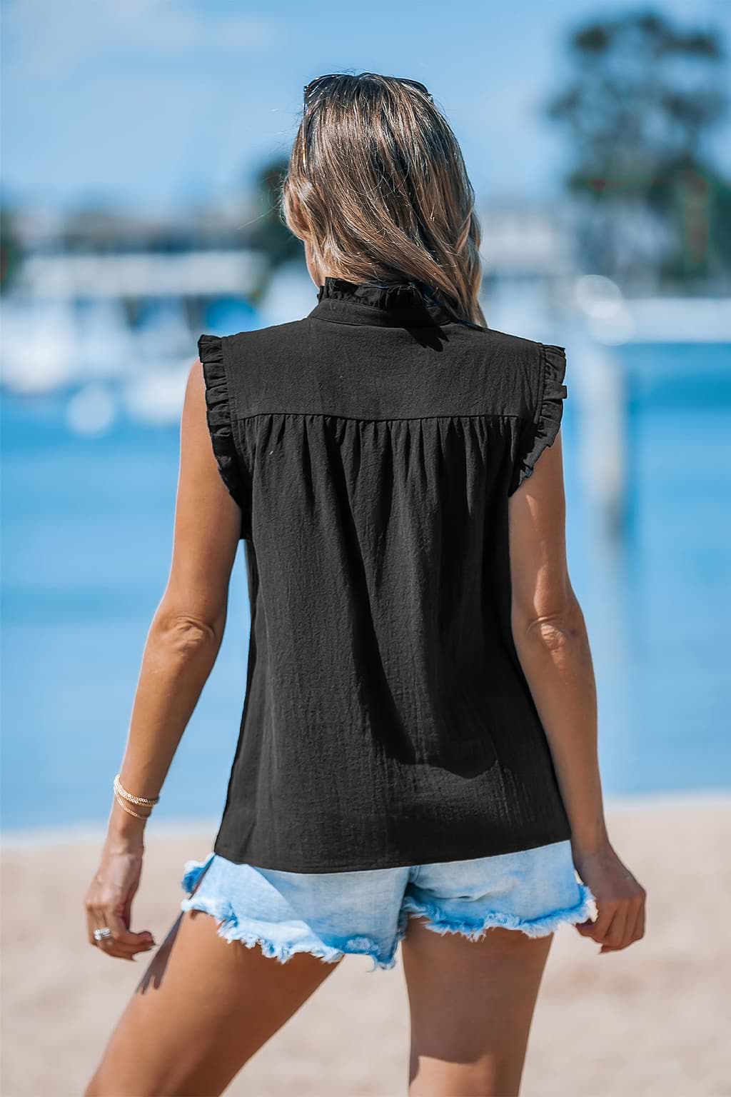 Black Ruffled Standing Collar Linen Tank