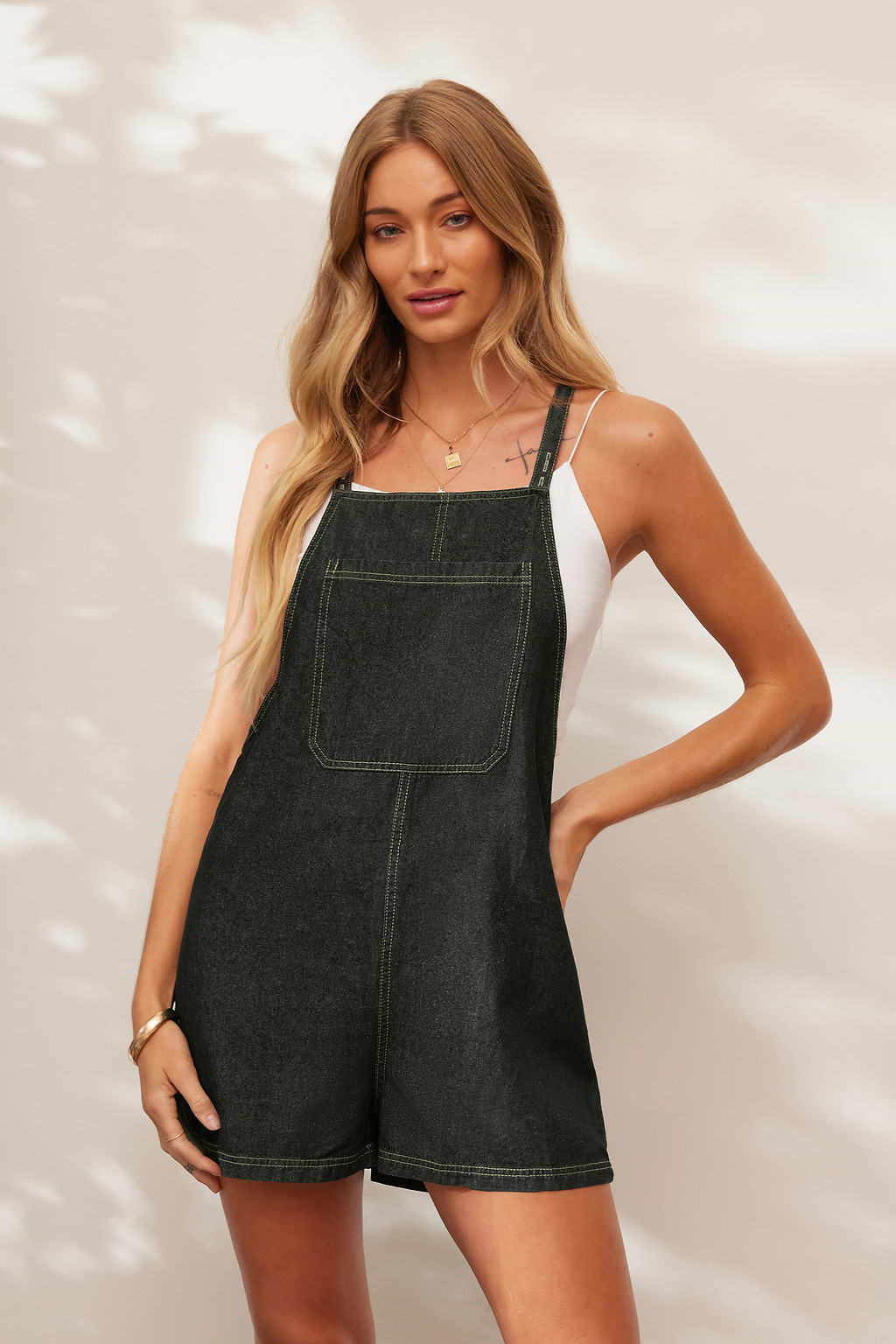 Denim Baumwoll-Strampler mit quadratischem Halsausschnitt