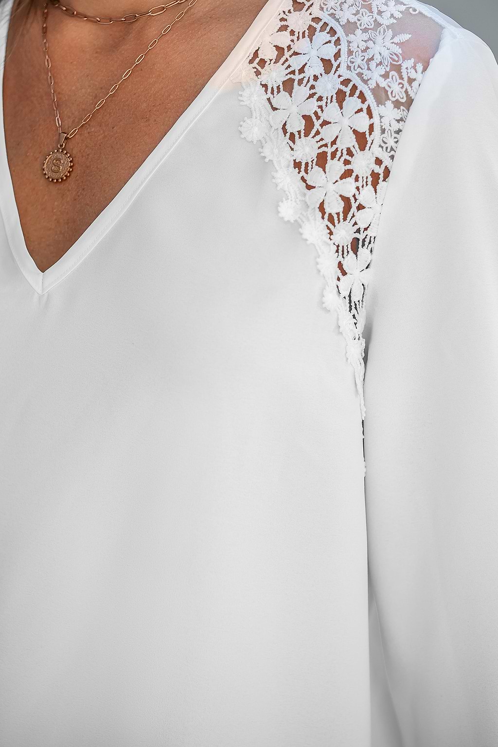 White Lace Shoulder Long Sleeve V-Neck Blouse