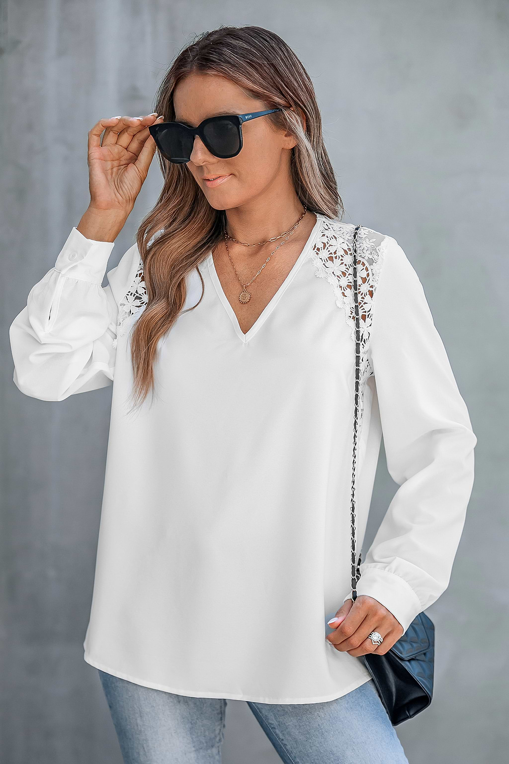 White Lace Shoulder Long Sleeve V-Neck Blouse