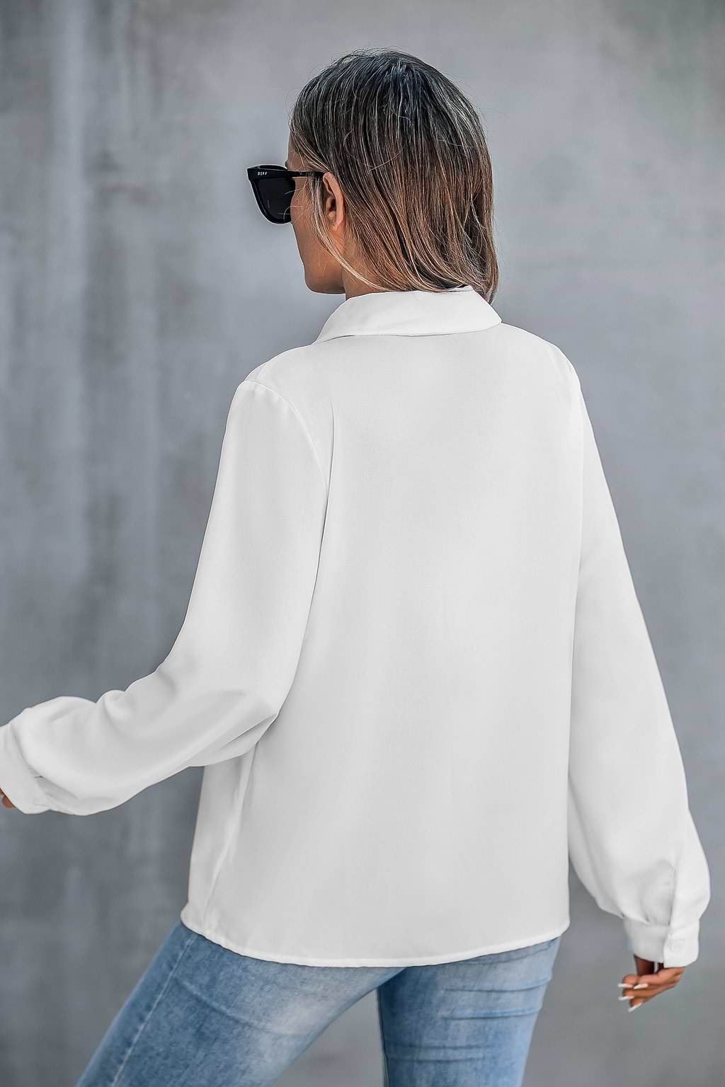 White Collared V-Neck Long Sleeve Top