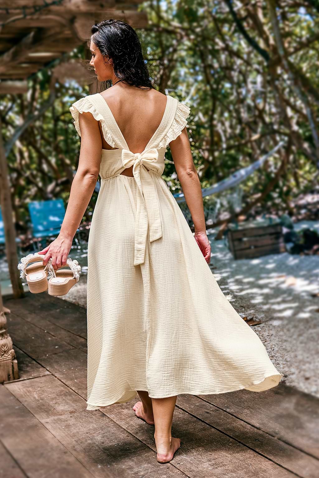 Apricot Flutter Sleeve Tie-Back Midi Dress