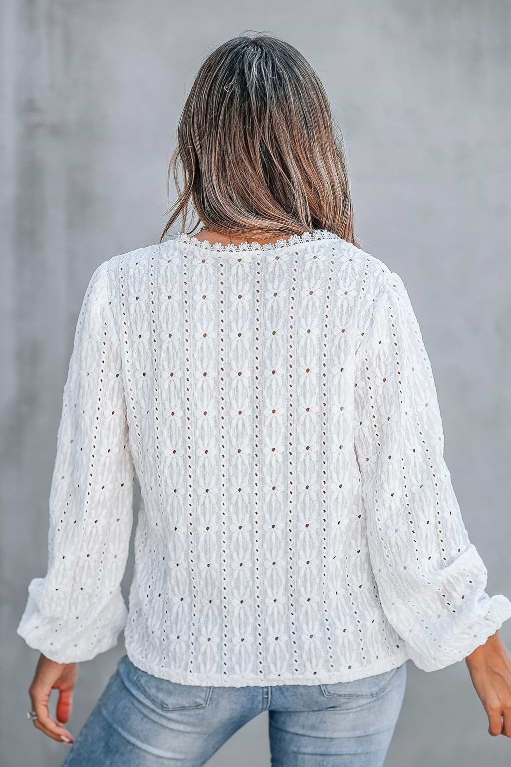 White Eyelet V-Neck Puff Sleeve Blouse