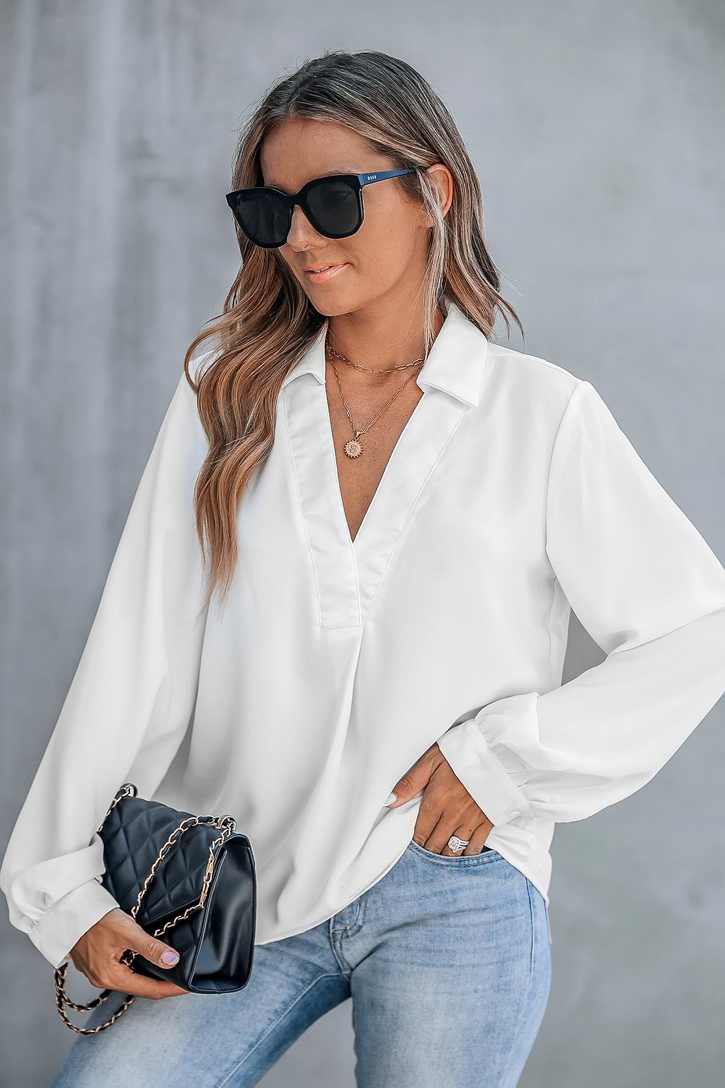 White Collared V-Neck Long Sleeve Top