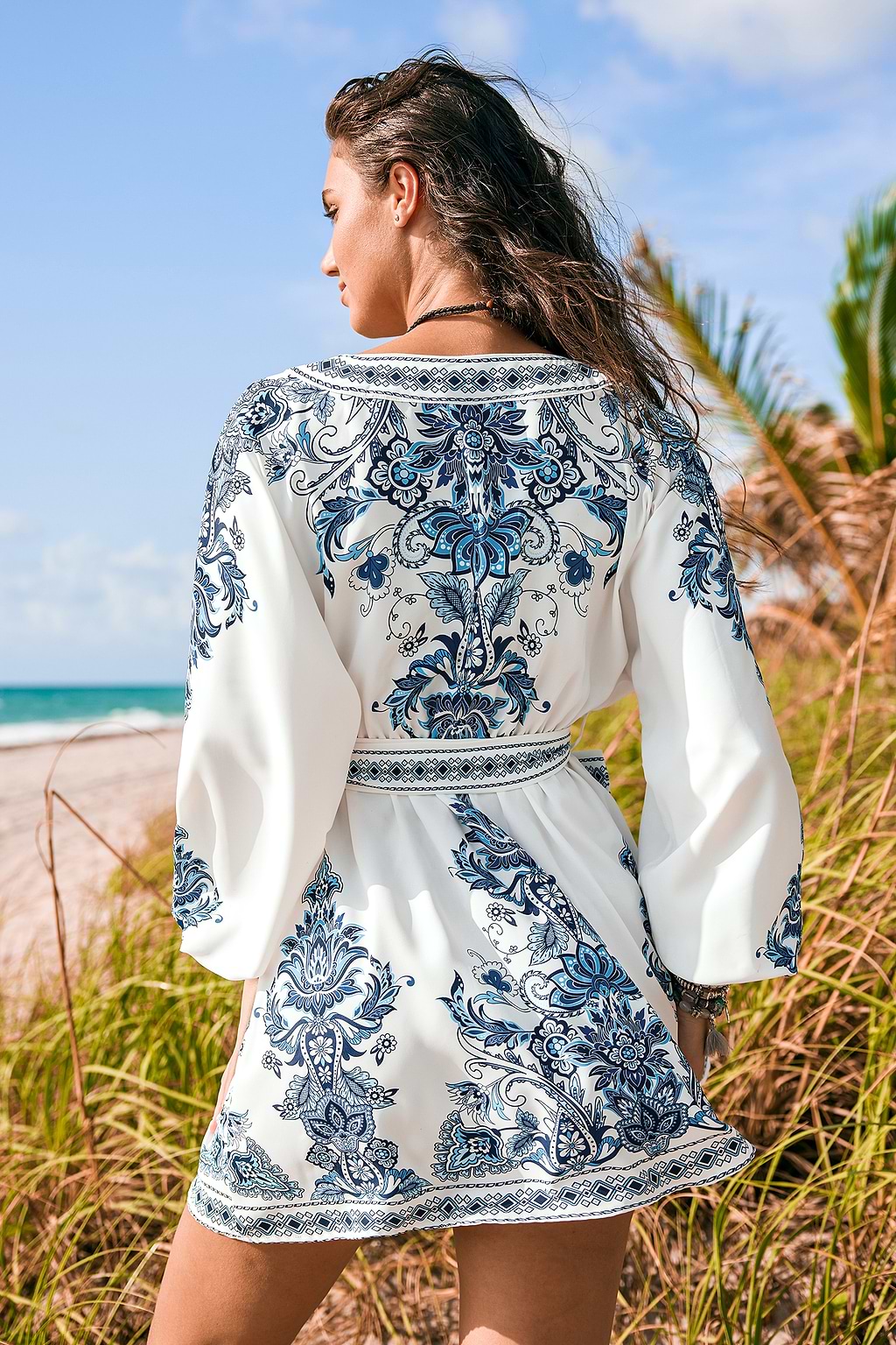 Blue & White Ornate Blouson Sleeve Mini Dress
