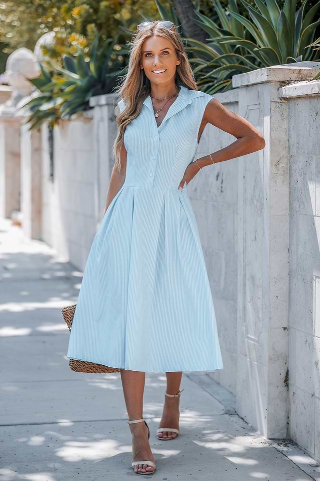 Pinstriped Pleated A-Line Dress