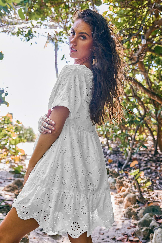 White Eyelet V-Neck Short Sleeve Mini Dress