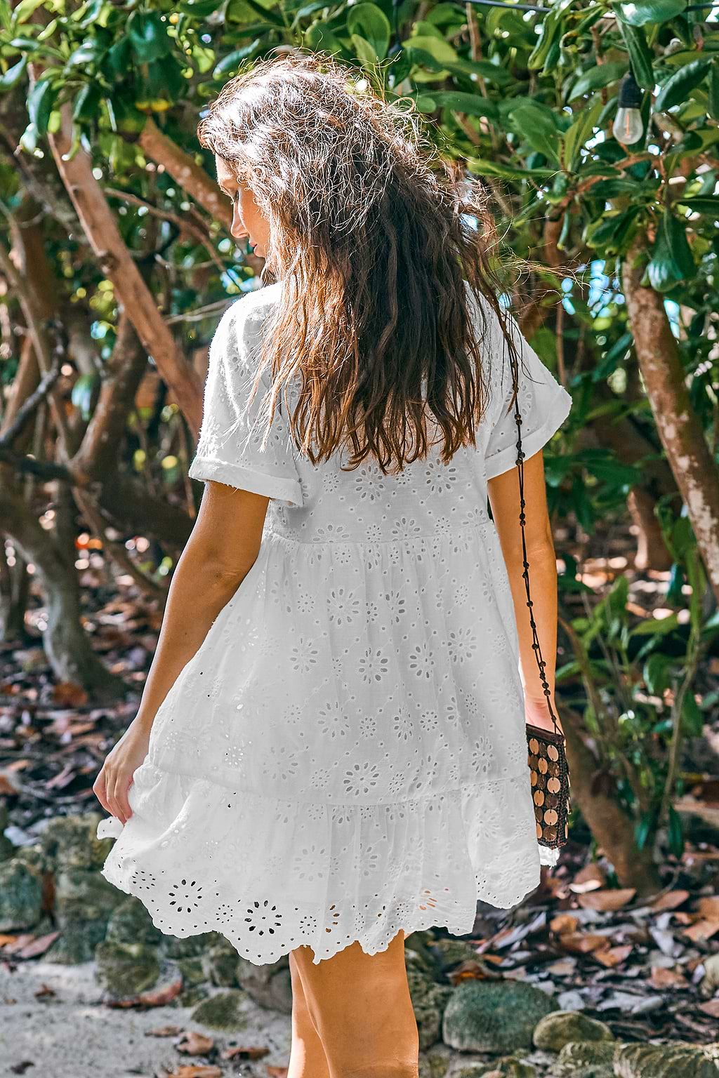 White Eyelet V-Neck Short Sleeve Mini Dress