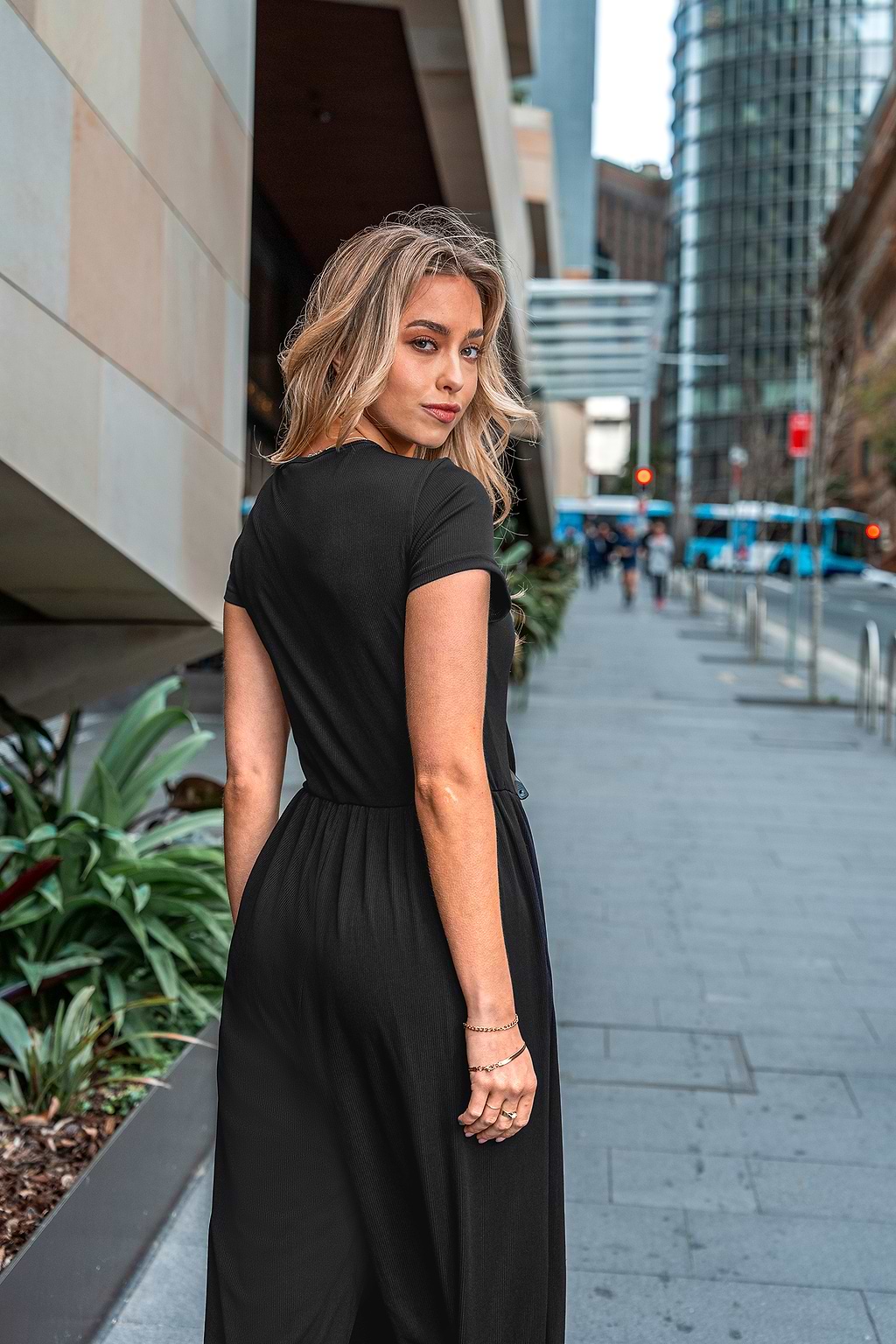 Black Short Sleeve Scoop Neck Wide Leg Jersey Jumpsuit