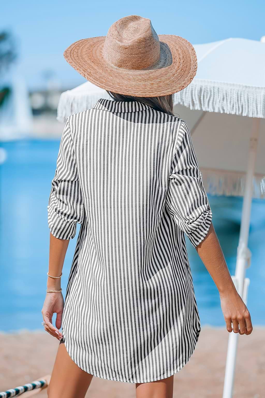 Black & White Stripe Collared Round Hem Mini Dress