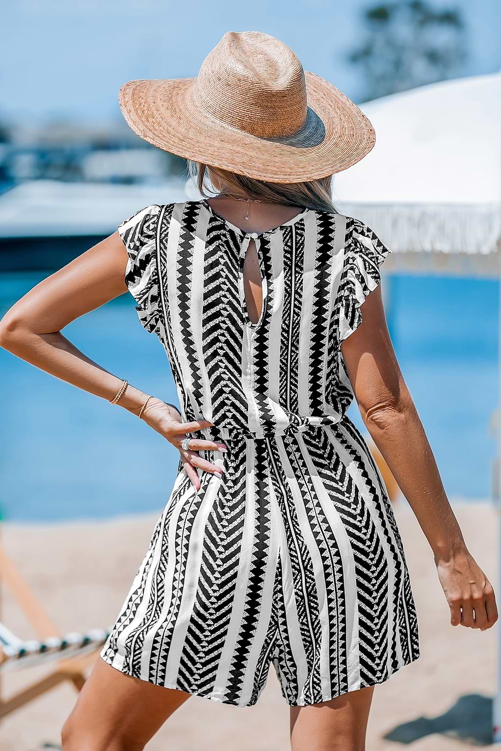 Black & White Geo Striped Flutter Sleeve Wide Leg Romper