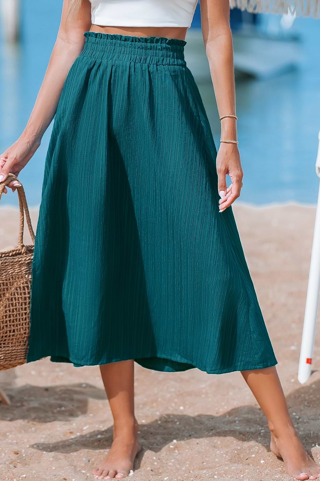 Smocked Paperbag Waist Midi Skirt