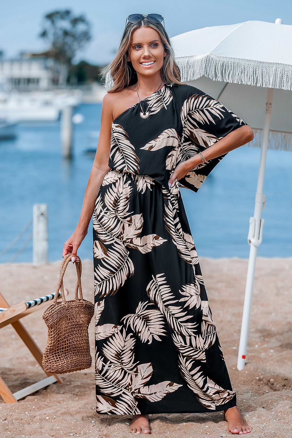 Tropical One-Shoulder Draped Bodice Maxi Dress