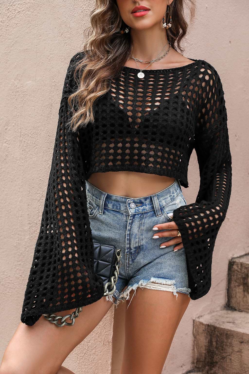 Crochet Long Sleeve Cover-Up Crop Top