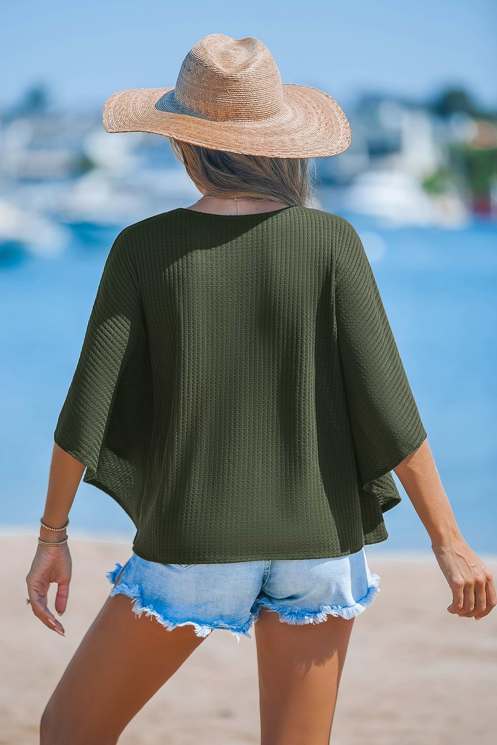 Green Waffle Knit Dolman Sleeve Tee