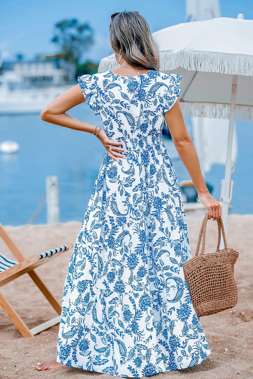 Blue & White Floral Flutter Sleeve Maxi Dress