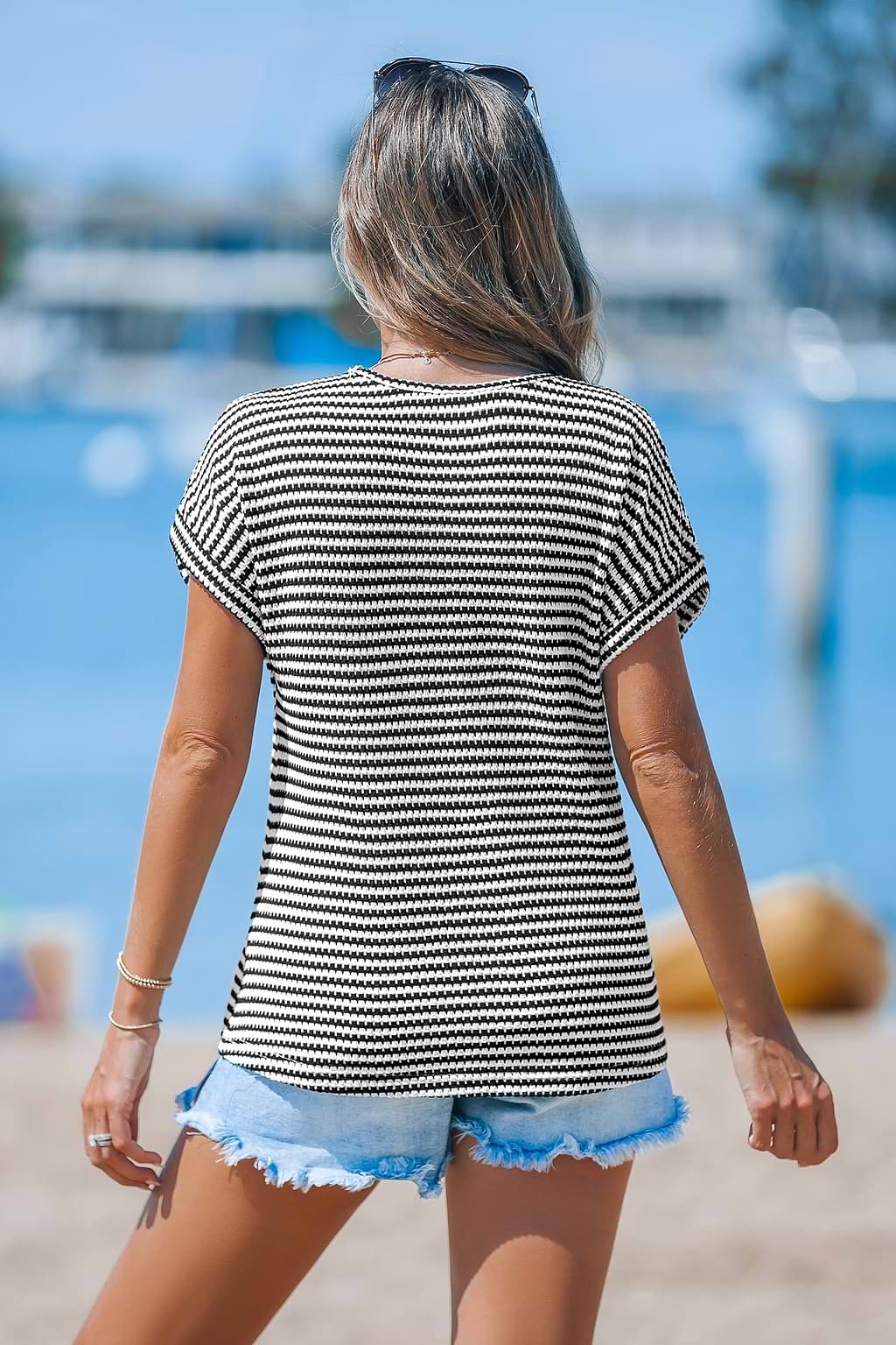 Striped Notched Neck Tee