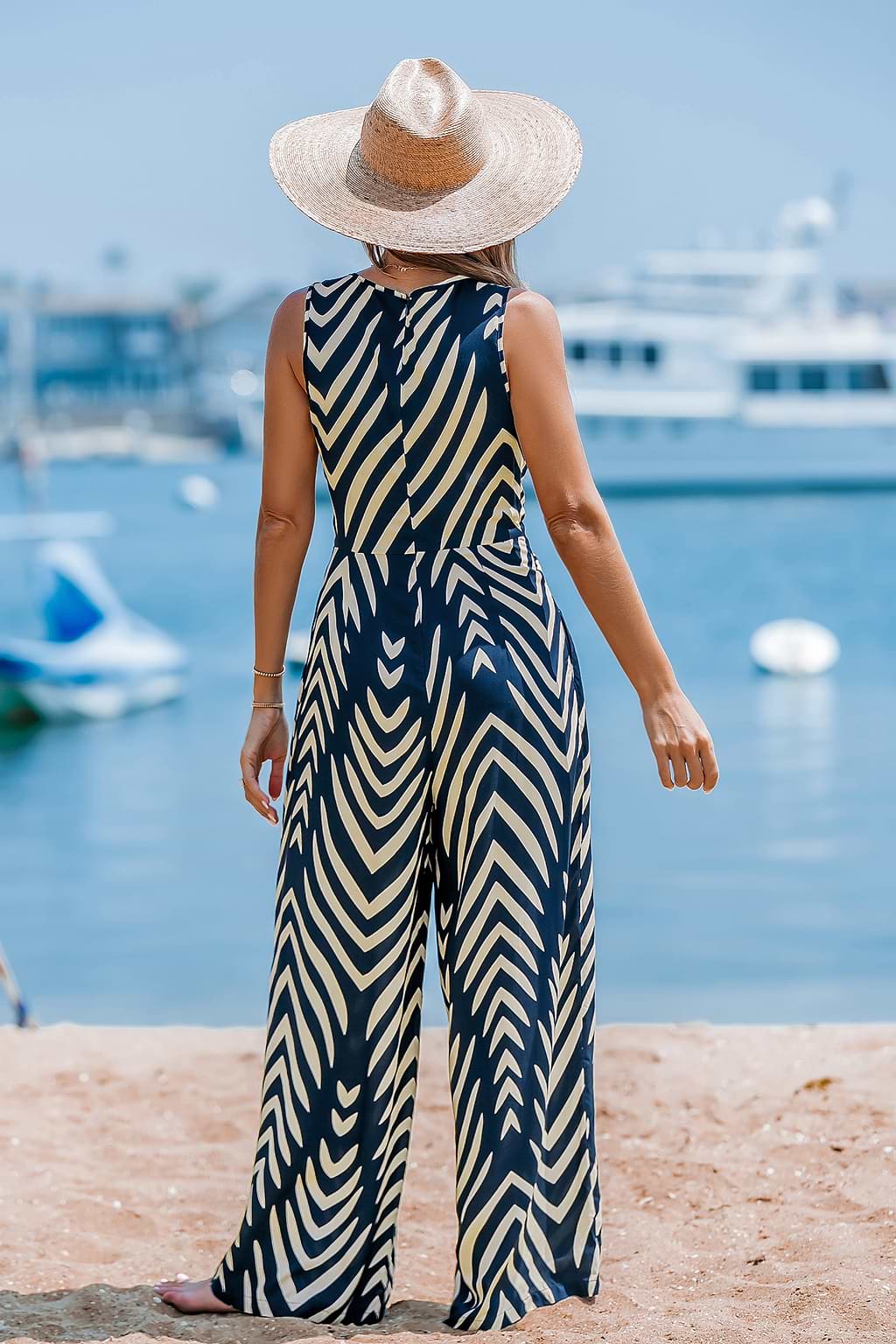 Chevron V-Neck Sleeveless Straight Leg Jumpsuit
