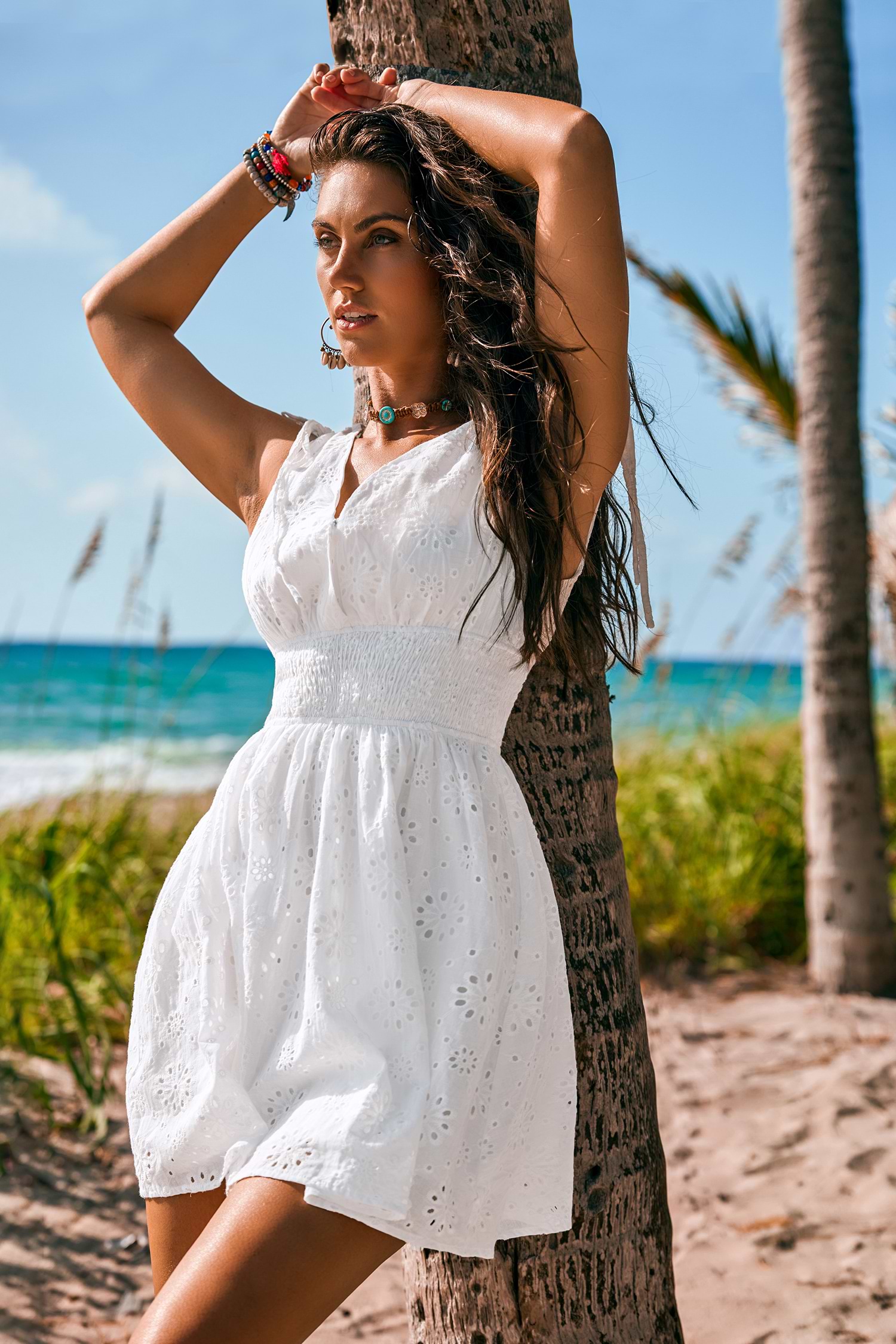 White Eyelet Surplice Sleeveless Mini Dress
