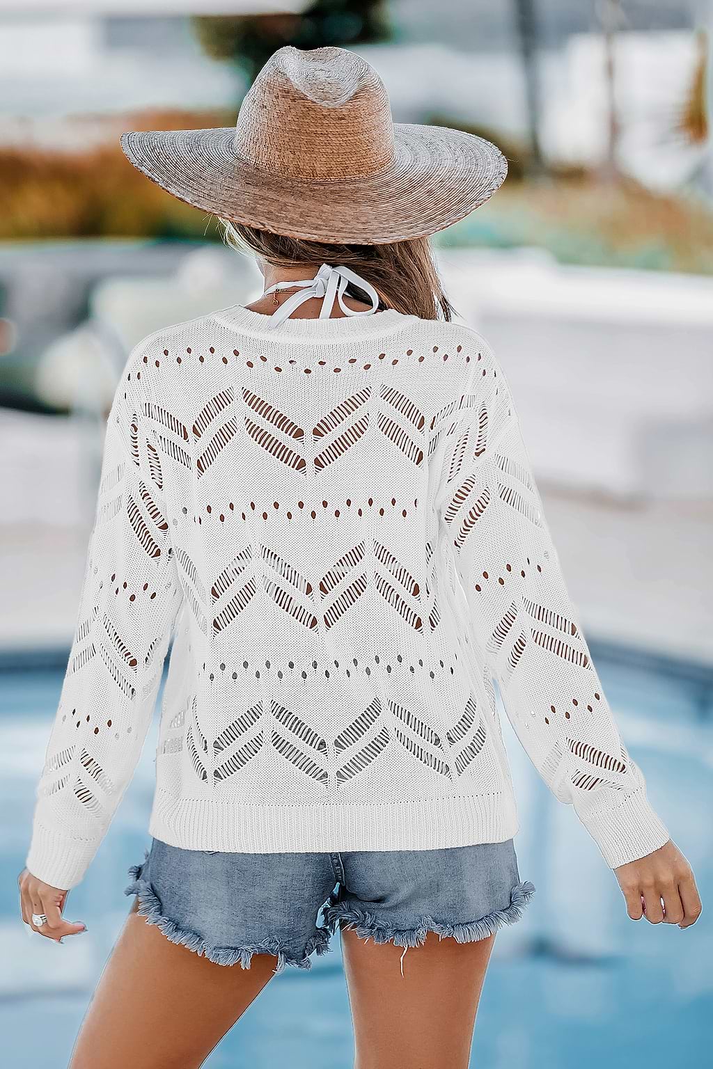White Cutout Knit Round Neck Long Sleeve Cover-Up