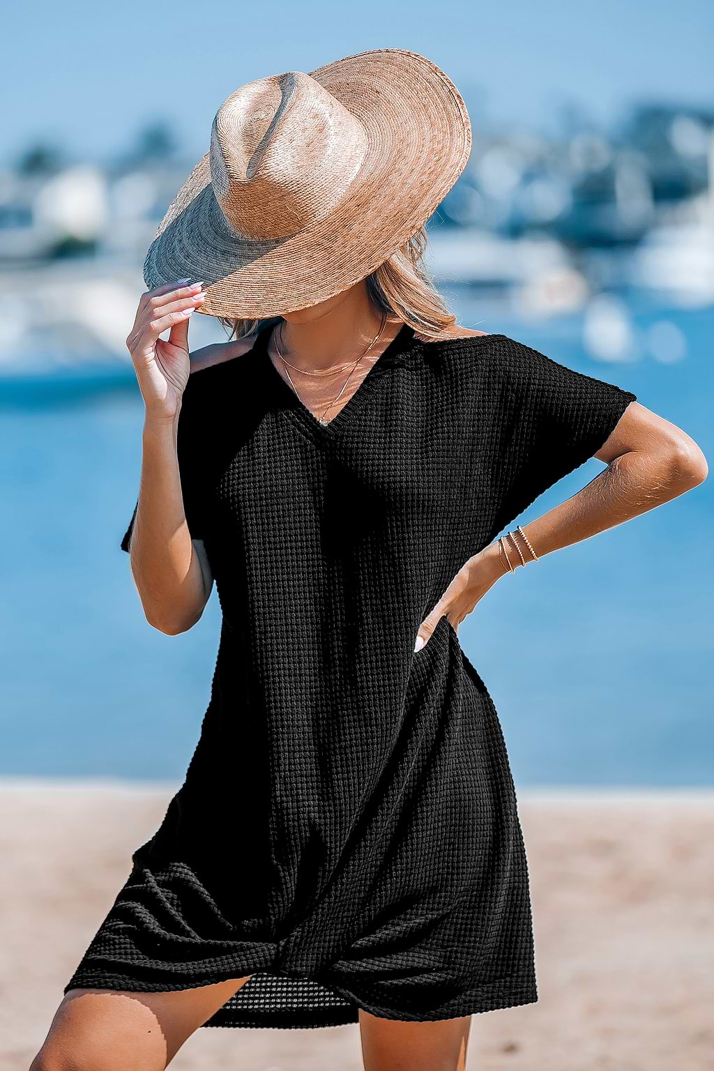 Black Short Sleeve Hem Twist Mini Dress