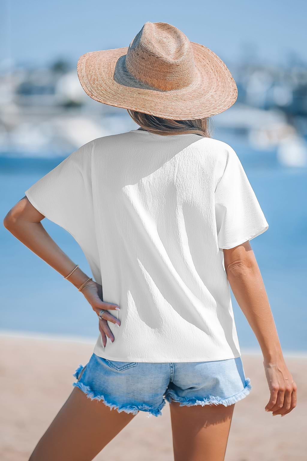 White Short Sleeve Tie-Waist Top