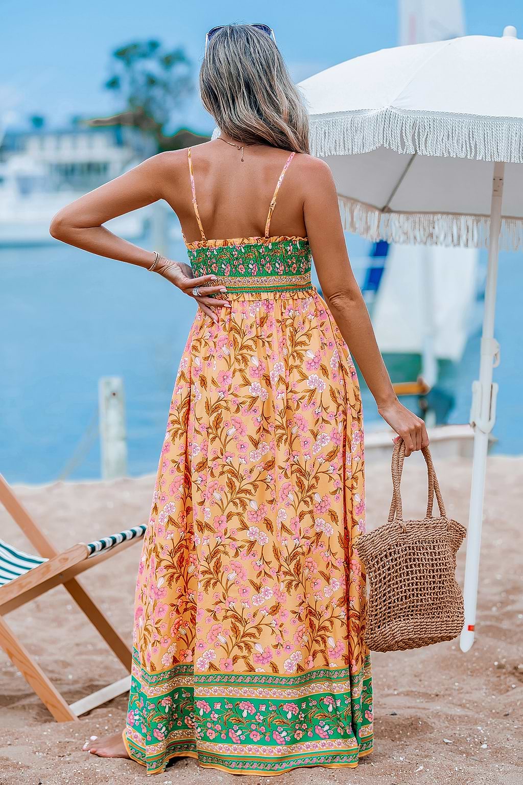 Boho Square Neck Smocked Bodice Sleeveless Maxi Dress