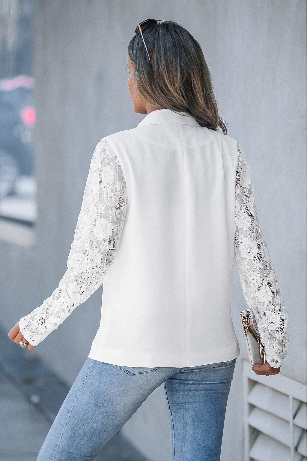 Blazer à revers châle manches longues dentelle contrastée blanc