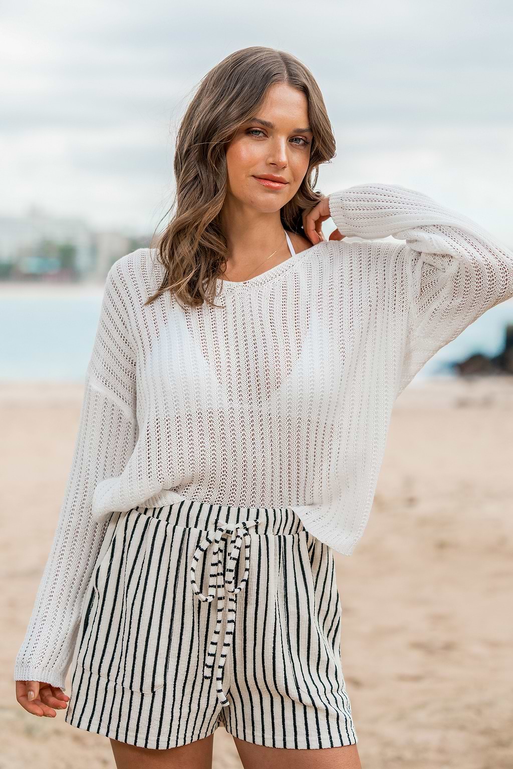 White V-Neck Long Sleeve Sweater