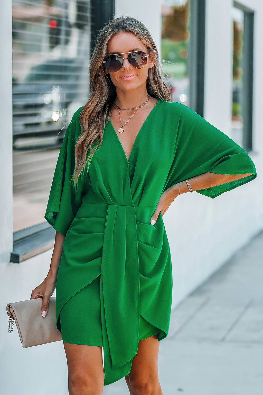 Green Surplice Dolman Sleeve Mini Dress