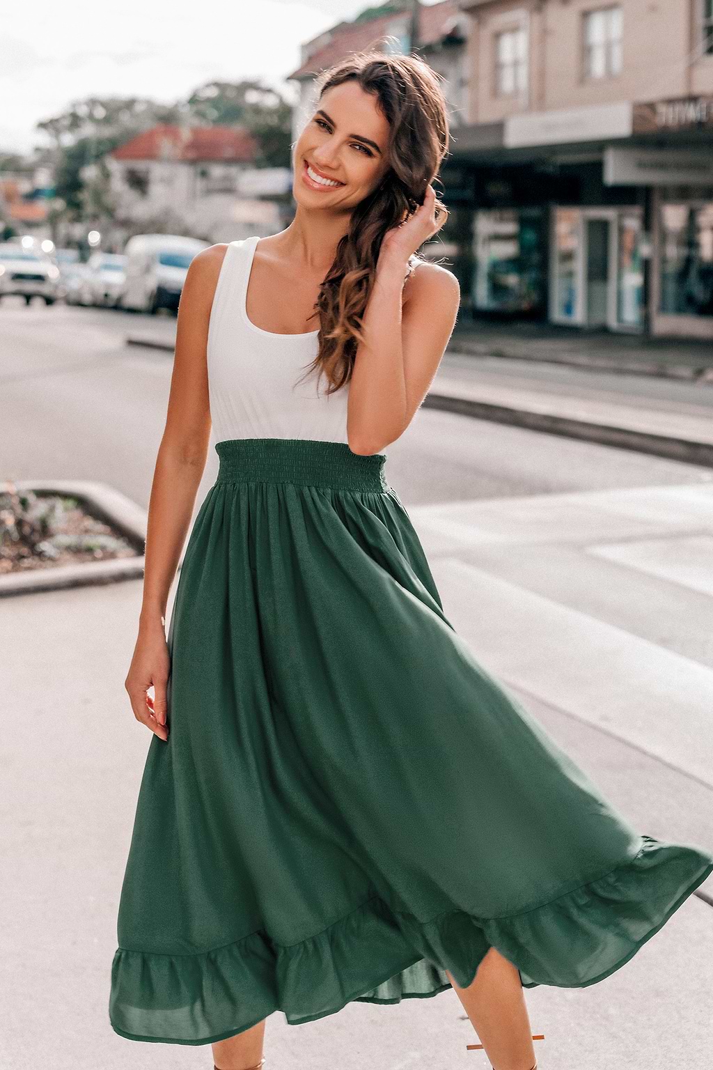 White Scoop Tank & Green Flounce Skirt Midi Dress