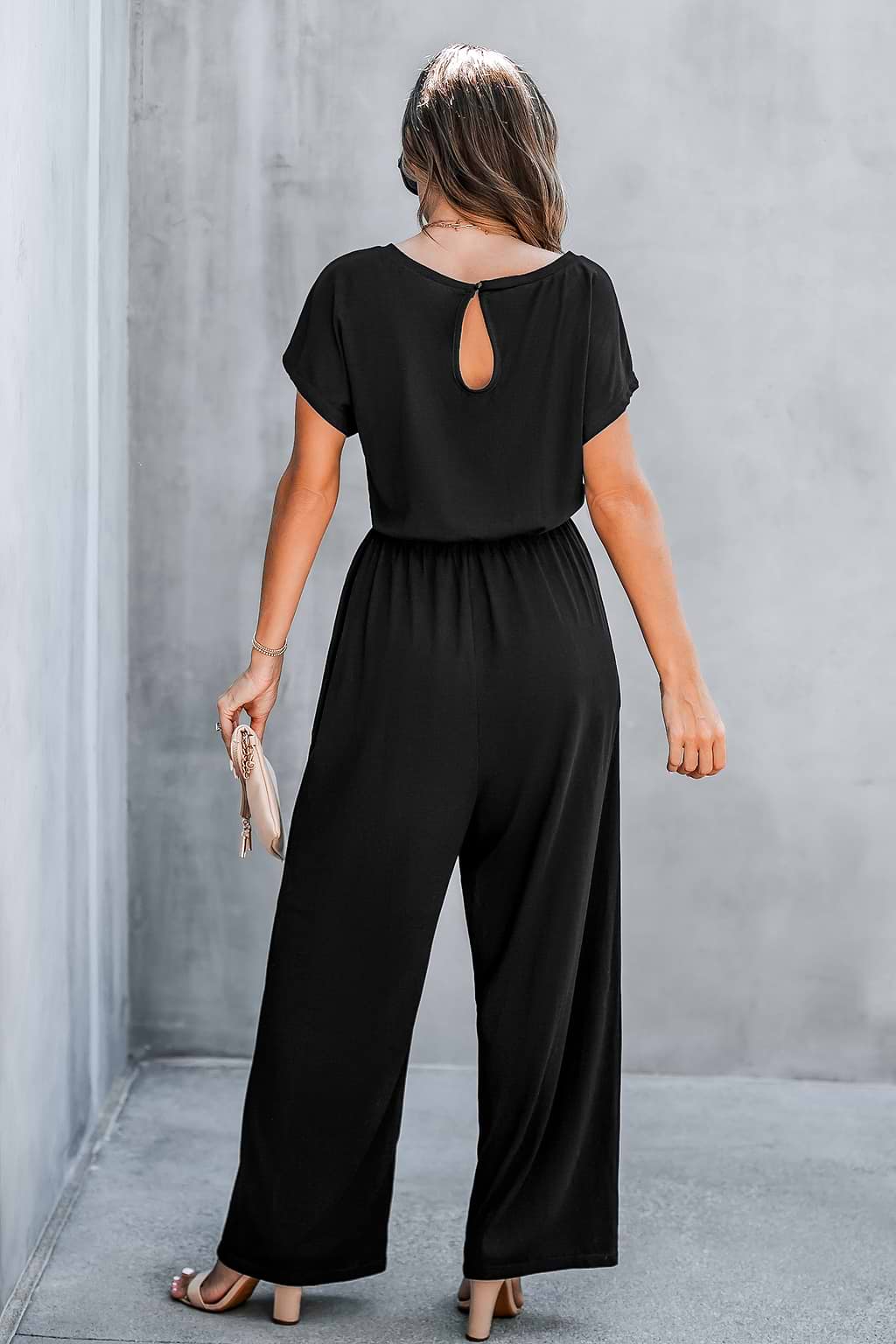 Black Off-Shoulder Straight Leg Jersey Jumpsuit