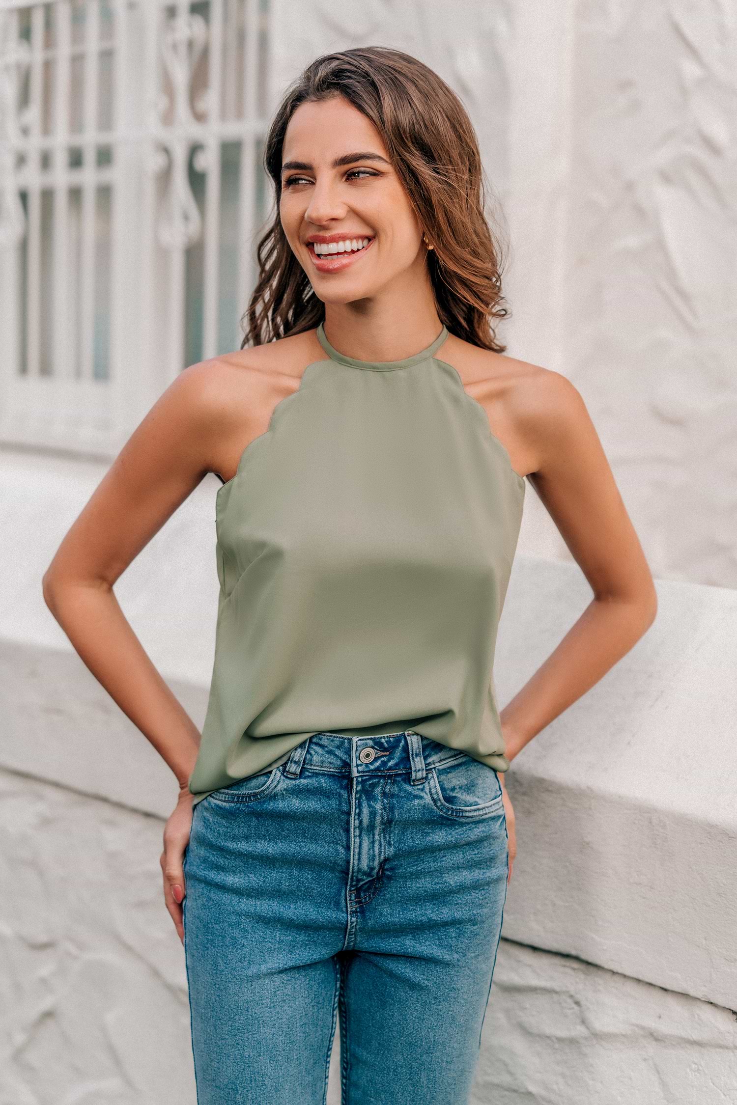 Sage High Neck Scalloped Tank