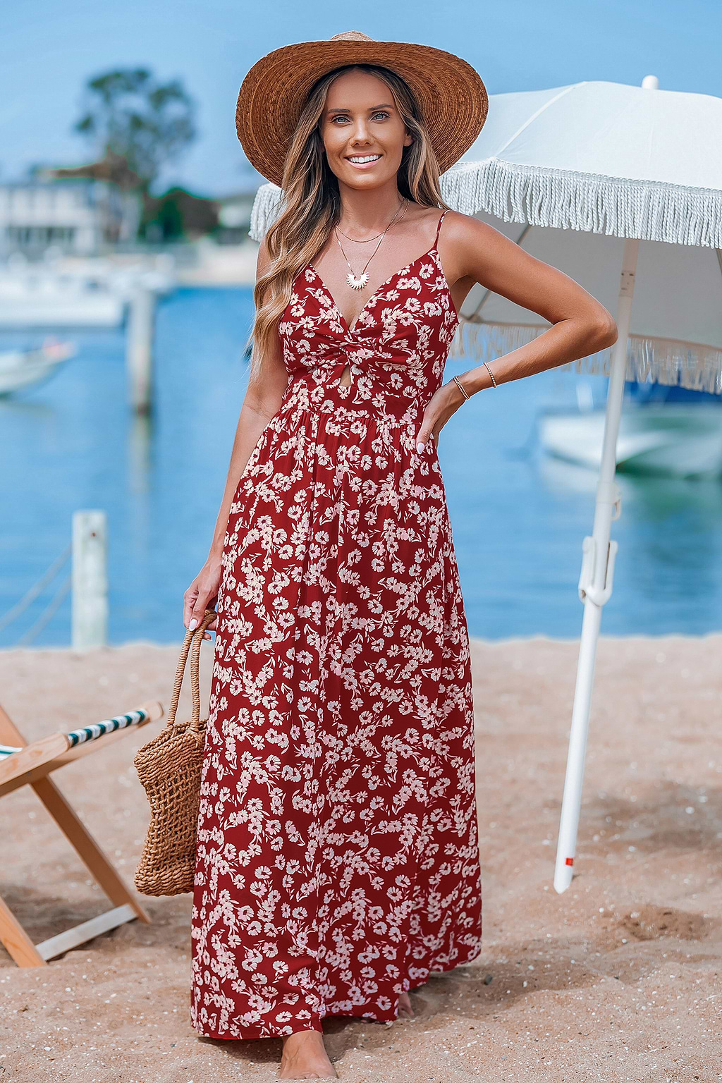 Red Floral Sweetheart Twist & Keyhole Maxi Dress