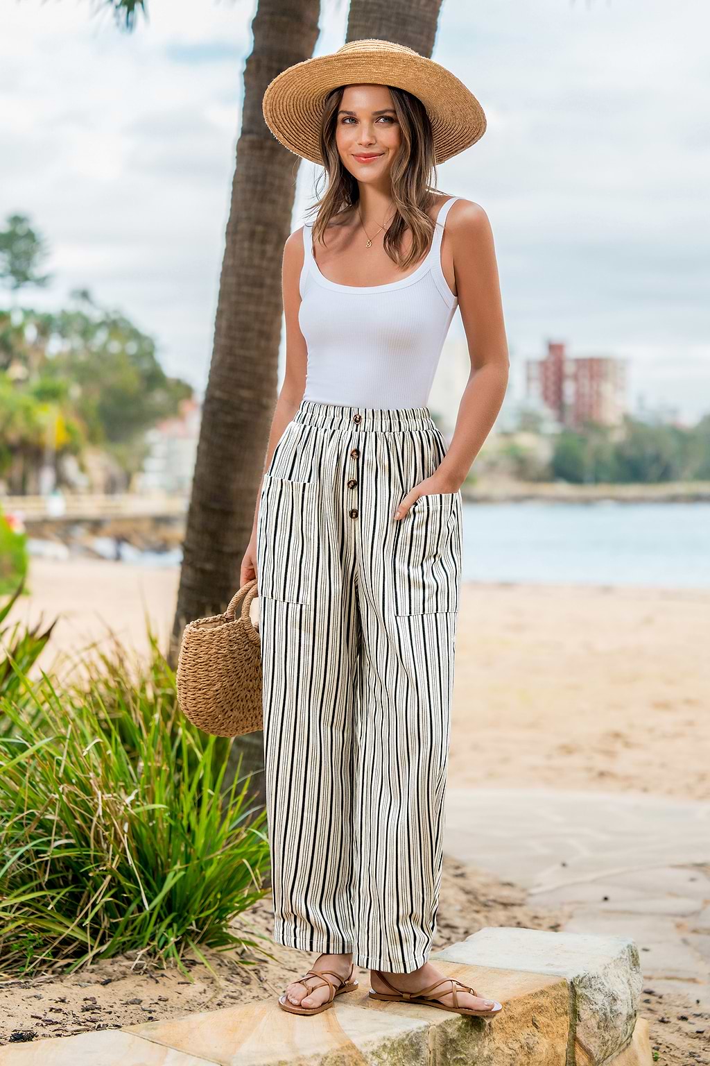 Gestreifte Hose mit elastischem Bund und schmalem Bein